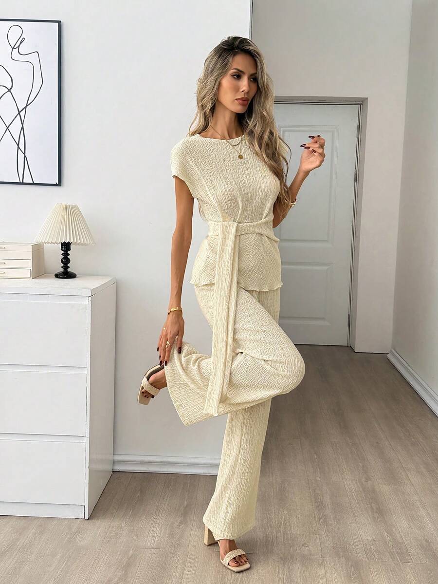 Easowa Women's Cream 2 Pieces Set,Elegant Summer Ruffle Round Neck Top Wide Leg Pants,Casual Brunch Vacation Outfits,Work Tea Party Clothes For Ladies - Apricot - View 1