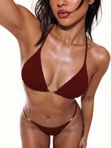 Nevyona 女士海滩度假系带红色比基尼套装 - 酒紅色 - 查看 3