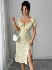 Elenzga New Elegant French Style Vacation Fashion Dress, Ball Jacquard Design, Backless Square Neck, Drawstring Waist, Slit, Puff Sleeve Mid-Length Dress, Versatile For Daily Wear And Dates - Light Yellow - View 6