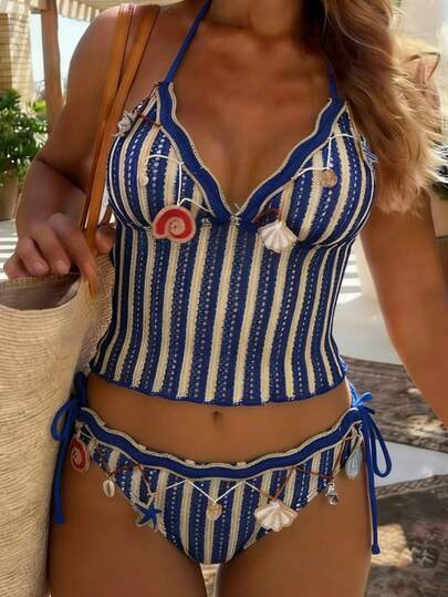 Bellisia Women's Summer Bikini Top With Wave Stripe Pattern And Shell Decor, Fashionable Beach 2 Pieces Set