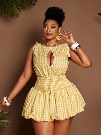 Maweii Plus Size Sleeveless V-Neck Plaid Belted Vacation Shirt