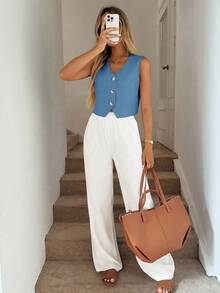 Easowa V领纽扣不对称下摆无袖衬衫，休闲度假优雅街头风女装，春夏复古富贵风 - 藍色 - 查看 5