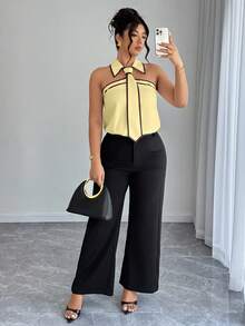 Easura 大码女式春夏无袖黑白撞色系带领优雅通勤衬衫 - 淡黃色 - 查看 7