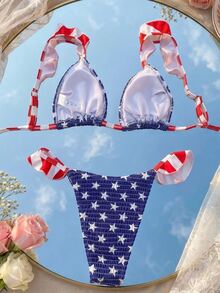 Swim Mod 热门女童夏季比基尼两件套，国旗印花荷叶边装饰，女士度假套装 - 彩色 - 查看 2