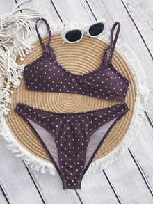 Swim Mod 优雅度假波西米亚风海军蓝白波点可调节肩带V领性感比基尼套装 - 彩色 - 查看 3