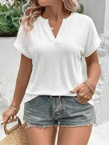 EMERY ROSE Áo thun ngắn tay cổ chữ V gân sọc thời trang nữ cỡ lớn mùa hè mới - trắng - Xem 4