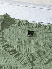 Linhara Plus Size Women's Solid Color Textured V-Neck Ruffle Trim Petal Sleeve Fitted Casual Regular Blouse - Green - View 4