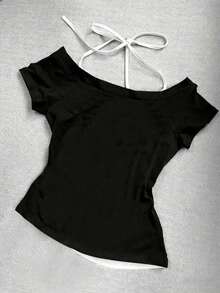 Glimmora Contrast Color Splice Halter Neck 2 In 1 T-Shirt For Women - Multicolor - View 2