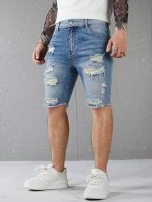 Manfinity LEGND Men's Casual Washed Distressed Denim Shorts - Blue - View 1