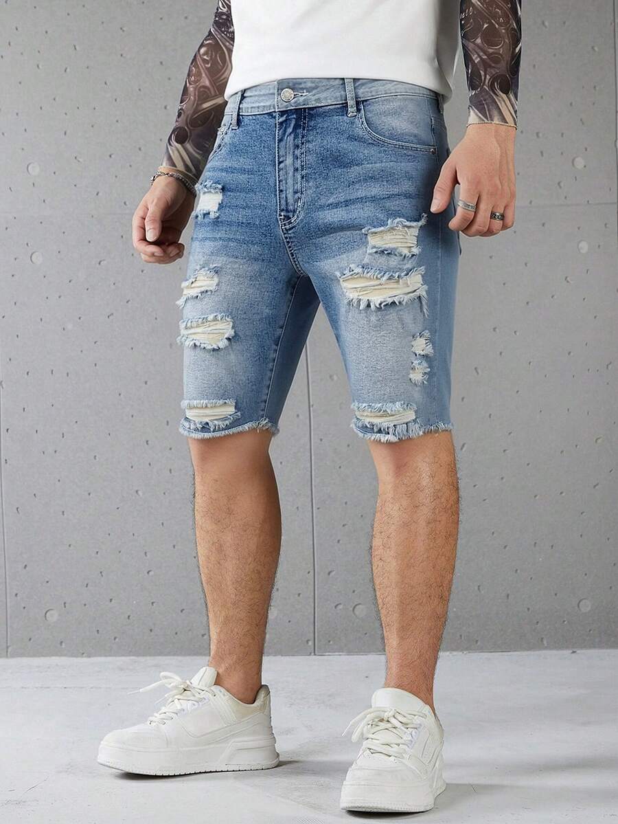 Manfinity LEGND Men's Casual Washed Distressed Denim Shorts - Blue - View 1