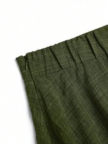 SHEIN Clasi 大码女士A字中长亚麻半身裙，优雅休闲灰色春季半身裙 - 軍綠色 - 查看 6