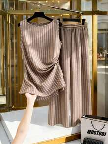 GlowEve CURVE 女士加大码简约卡其条纹无袖圆领褶皱上衣+松紧腰阔腿裤通勤休闲日常舒适复古时尚百搭两件套，春夏新品 - 彩色 - 查看 1