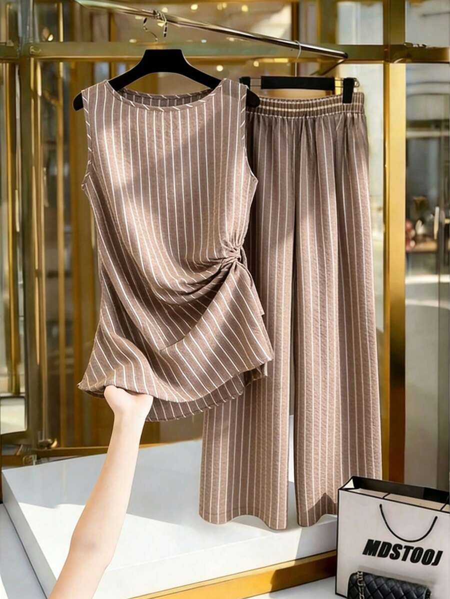 GlowEve CURVE 女士加大码简约卡其条纹无袖圆领褶皱上衣+松紧腰阔腿裤通勤休闲日常舒适复古时尚百搭两件套，春夏新品 - 彩色 - 查看 1