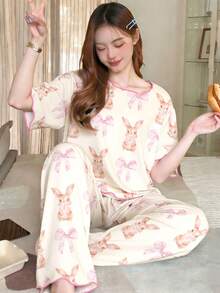 Tween Girls 1 Set Pajamas, Apricot Round Neck Short Sleeve T-Shirt With Cute Rabbit & Bow Print, Matched With All-Over Rabbit & Bow Print Pants, Casual Loungewear Set - Apricot - View 1