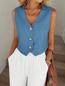 Easowa V领纽扣不对称下摆无袖衬衫，休闲度假优雅街头风女装，春夏复古富贵风 - 藍色 - 查看 4
