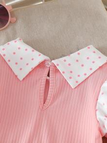 SHEIN Playful Pals 2026春夏新款时尚假日女童两件套，采用优质面料制成，饰有俏皮的波点图案，荷叶边领泡泡袖上衣搭配喇叭裤，适合户外探险，让孩子们在阳光下自由奔跑；也适合休闲运动和优雅派对，让小公主在任何场合都成为众人瞩目的焦点。 - 粉色 - 查看 8