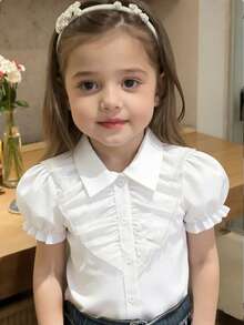 Áo kiểu tay ngắn màu trơn, viền bèo nhún dễ thương cho bé gái, thích hợp cho đi chơi hàng ngày, đi học, dự tiệc, chụp ảnh và phối đồ thường ngày, mùa hè. - trắng - Xem 1