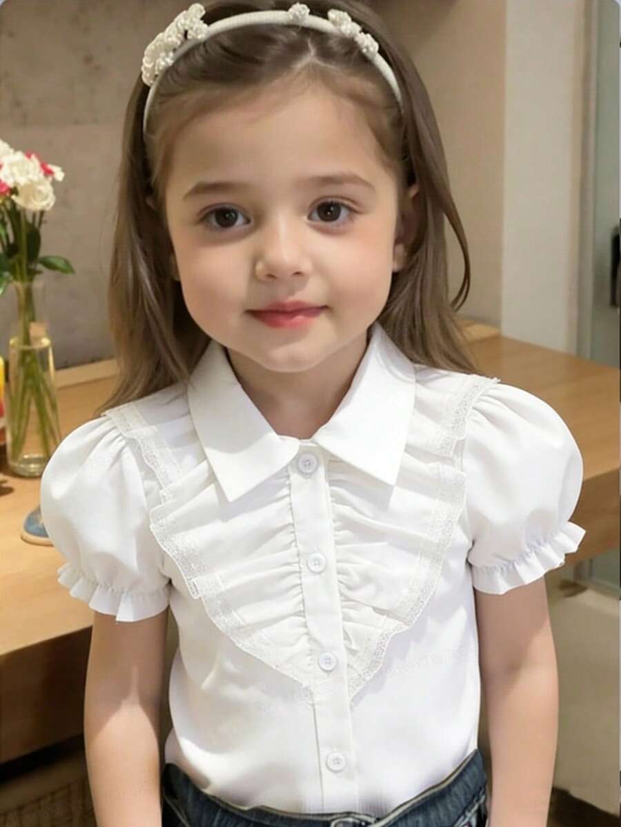 Áo kiểu tay ngắn màu trơn, viền bèo nhún dễ thương cho bé gái, thích hợp cho đi chơi hàng ngày, đi học, dự tiệc, chụp ảnh và phối đồ thường ngày, mùa hè. - trắng - Xem 1