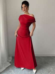 Elenzga Women's Solid Color Ruched Asymmetric Waist Elegant Long Dress For Party - Red - View 3