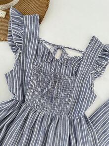 GlowEve CURVE Plus Size Women's Blue And White Linen Striped 2 Pieces Set,Cinched Waist Flutter Sleeve Blouse&Straight Leg Pants,Summer Vacation Smart Casual Co Ords - Blue and White - View 5