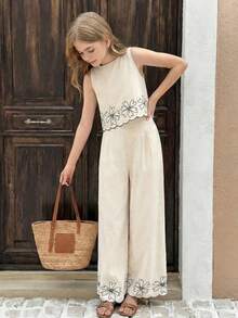 SHEIN Serisse Kids Bộ đồ đi nghỉ mát thanh lịch dành cho bé gái tuổi teen, gồm áo sơ mi thêu và quần ống rộng. - Màu be - Xem 5