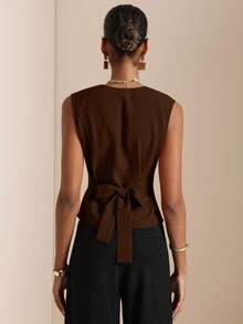 SHEIN Veneréa Camisa sin mangas de mujer con hebilla metálica de amarre - Café integral - Ver 2