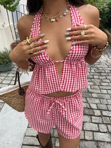 Sunnyshic 红白格纹深V领露背吊带短款上衣和低腰短裤两件套，性感简约，适合夏季度假、海滩、通勤和日常穿着。 - 紅白色 - 查看 4