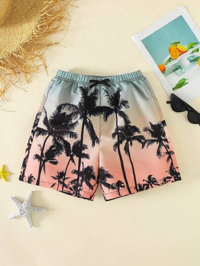 SHEIN 1 paquete Pantalones cortos de playa casuales de 2 en 1 con estampado completo de plantas de coco tropicales para niño preadolescente, adecuados para vacaciones, vida diaria, escuela, viajes, deportes, primavera y verano