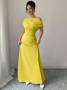 Elenzga Asymmetric Shoulder + Ruched Waist Dress - Mustard Yellow - View 5