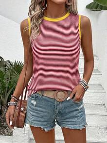 Selamara Women's Casual Round Neck Sleeveless Contrast Trim Striped Print Pattern Tank Top - Multicolor - View 5