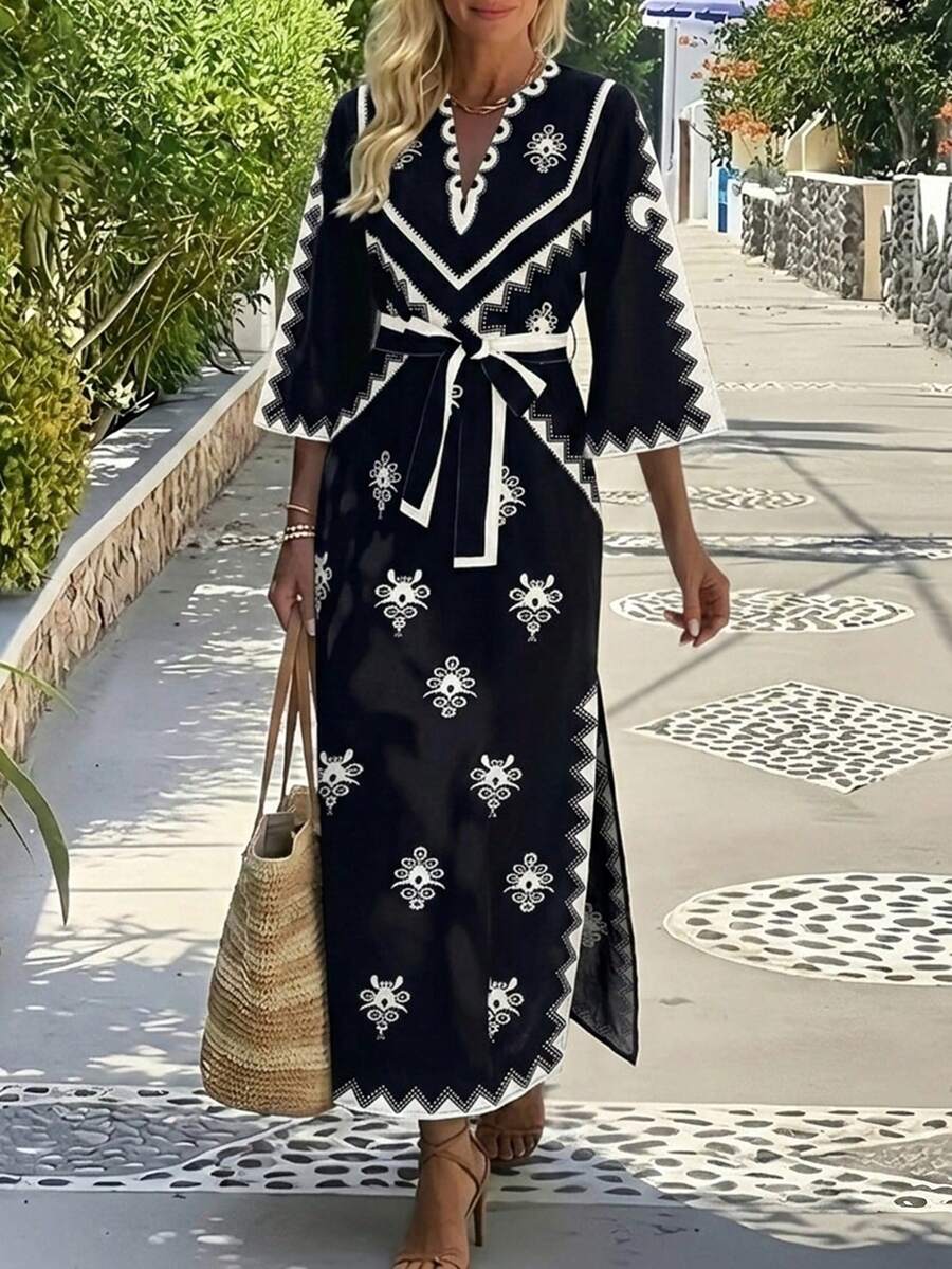 EMERY ROSE 休闲通勤优雅系带宽松中长连衣裙,时尚印花V领开衩长袍,新款女士度假长袍,女士长裙 - 彩色 - 查看 1