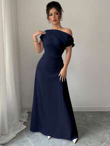 Elenzga Asymmetric Shoulder + Ruched Waist Extra Long Dress - Navy Blue - View 5