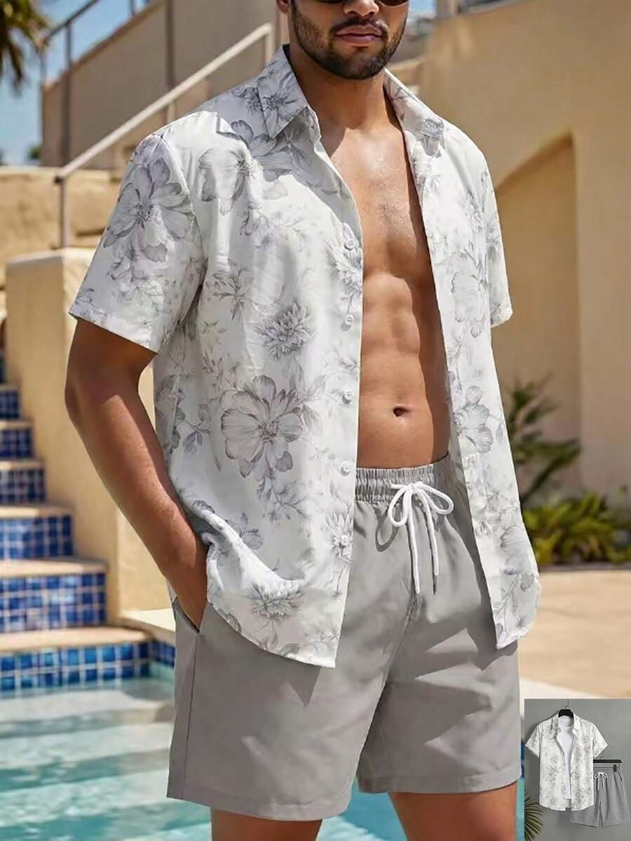 Manfinity Swimmode Men's Simple Print Short Sleeve Shirt And Shorts Set Men 2 Piece Set Vacation Men Beach Wear Set - Multicolor - View 1