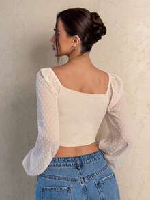 SHEIN Glamour 女士休闲优雅纯色灯笼袖抽绳短款上衣，褶皱设计，透视长袖短款衬衫，女装，春夏服装，可爱女式上衣，机场时尚，旅行机场，机场，机场穿搭。收腰系带衬衫 - 杏色 - 查看 2