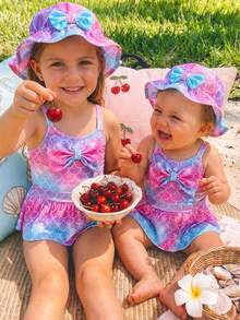 SHEIN Young Girls Mermaid Print Bow Cute Swimsuit, Sports, Beach, Vacation Swimming, Casual, Comes With Swim Cap - Multicolor - View 4