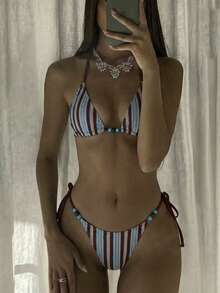 Swim Mod 女士沙滩套装，棕蓝条纹印花，撞色串珠装饰，时尚休闲度假甜美性感优雅，女士泳装套装，挂脖比基尼两件套 - 彩色 - 查看 5