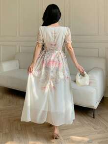 Modelyn 女士方领印花收腰连衣裙，饰有3D立体花卉图案 - 彩色 - 查看 2