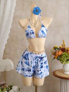 Swim Vcay 3件套领带柔软面料随机印花三角内裤，沙滩短裤，泳衣 - 彩色 - 查看 6