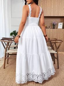 EMERY ROSE 大码女士优雅蕾丝拼接腰部A字吊带连衣裙，夏季 - 白色 - 查看 2
