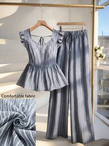 GlowEve CURVE Plus Size Women's Blue And White Linen Striped 2 Pieces Set,Cinched Waist Flutter Sleeve Blouse&Straight Leg Pants,Summer Vacation Smart Casual Co Ords - Blue and White - View 1