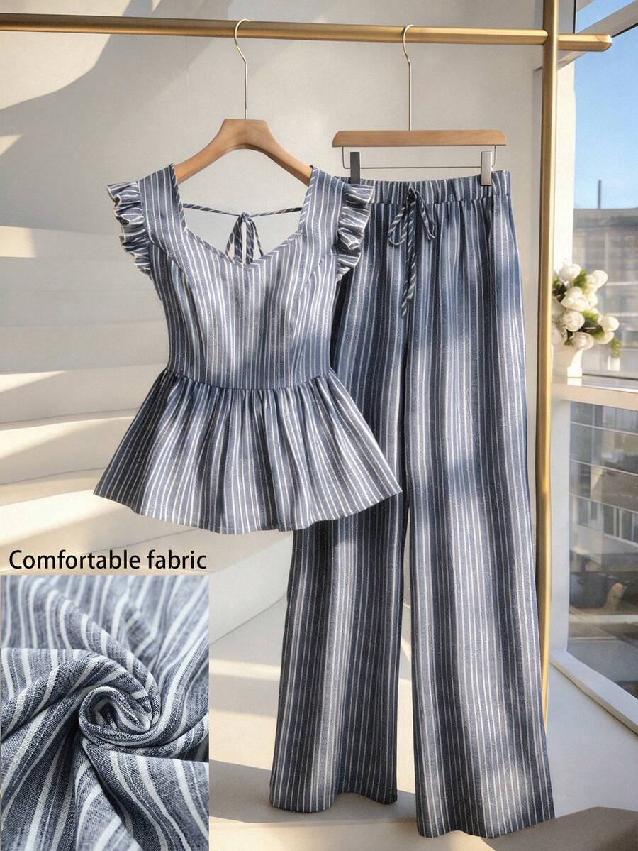 GlowEve CURVE Plus Size Women's Blue And White Linen Striped 2 Pieces Set,Cinched Waist Flutter Sleeve Blouse&Straight Leg Pants,Summer Vacation Smart Casual Co Ords - Blue and White - View 1