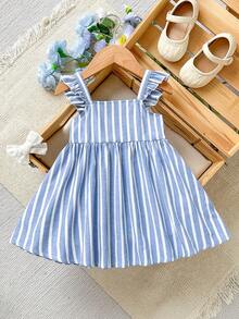 Cozy Pixies Vestido de niña con bloqueo de color, decoración de lazo, cuello redondo, manga corta y cintura ceñida - Multicolor - Ver 3