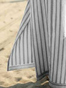 EMERY ROSE Fashionable Loose Casual Printed V-Neck Striped Blended Fabric Vacation Travel Robe For Women - Multicolor - View 3