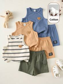 SHEIN Bộ 6 món quần áo trẻ em unisex, bộ đồ mùa hè dễ thương gồm áo len hình gấu hoạt hình và quần đùi kẻ sọc, trang phục cơ bản nhiều màu sắc, thích hợp cho kỳ nghỉ. - Nhiều màu - Xem 1