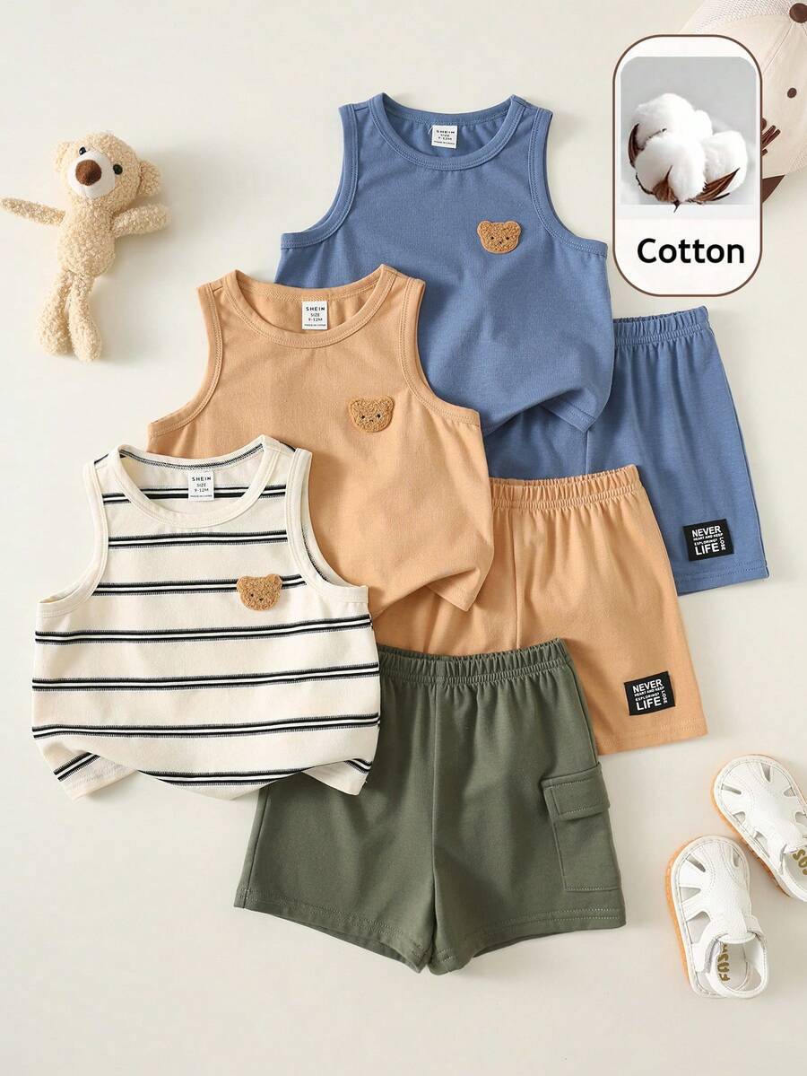SHEIN Bộ 6 món quần áo trẻ em unisex, bộ đồ mùa hè dễ thương gồm áo len hình gấu hoạt hình và quần đùi kẻ sọc, trang phục cơ bản nhiều màu sắc, thích hợp cho kỳ nghỉ. - Nhiều màu - Xem 1