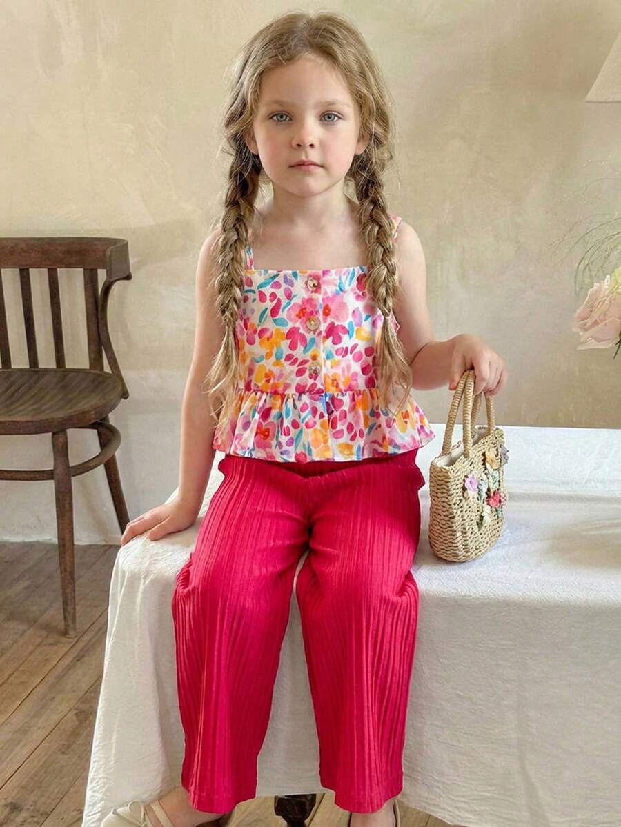SHEIN Young Girl Summer Casual Floral Print Peplum Hem Top & Pleated Wide Leg Pants Set Girls Summer Wide Legs Pants Tweens Summer Matching Set - Multicolor - View 1