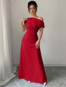 Elenzga Women's Solid Color Ruched Asymmetric Waist Elegant Long Dress For Party - Red - View 6