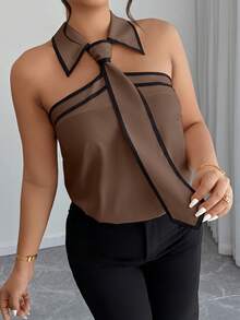 Easura Plus Size Women's Spring/Summer Sleeveless Black & White Contrast Tie Collar Elegant Commuter Shirt - Brown - View 6