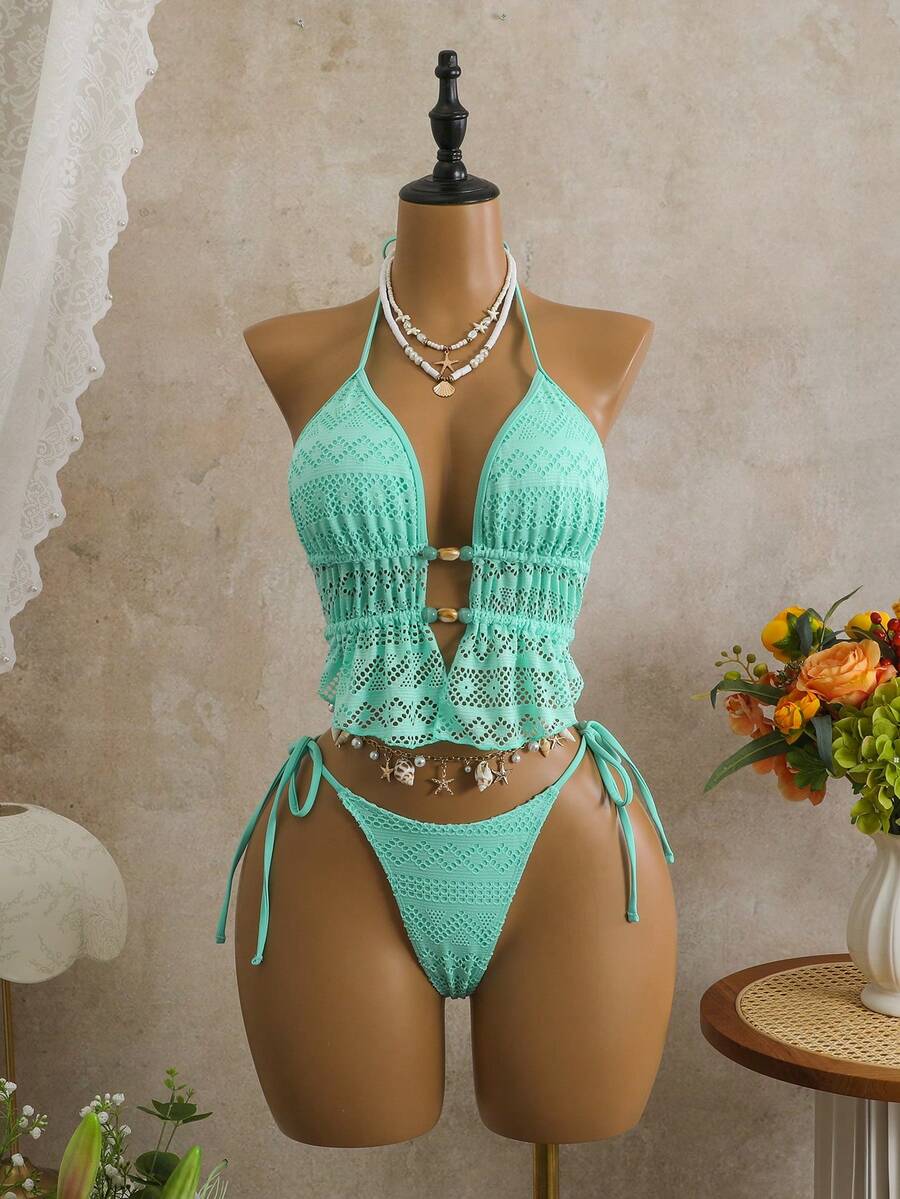 Bellisia 两件套女士吊带比基尼上衣和网纱边比基尼下装，夏季沙滩泳装 - 薄荷綠 - 查看 1