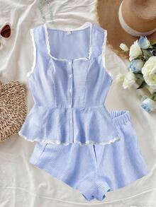 GlowEve CURVE Plus Size Women's Light Blue Striped 2 Pieces Set,Cute Summer Picnic Sleeveless Square Neck Lace Trim Blouse & Loose Cooling Shorts Casual Outfits - Blue - View 8